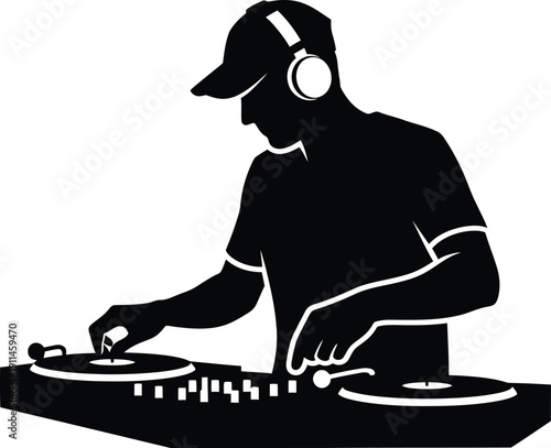 Dj operating a turntable mixer with headphones on