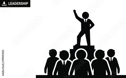 A triumphant business leader standing on a podium above colleagues