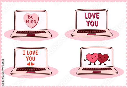 Valentine’s Day Love Messages on Laptop Screen Illustrations Set, Online Romance Concept Flat Vector Design