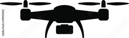 A black silhouette of a drone with four rotors and a camera