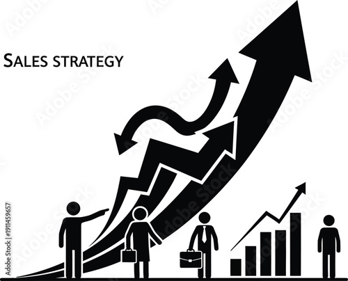 Business growth and sales strategy concept with ascending arrows and bar graphs