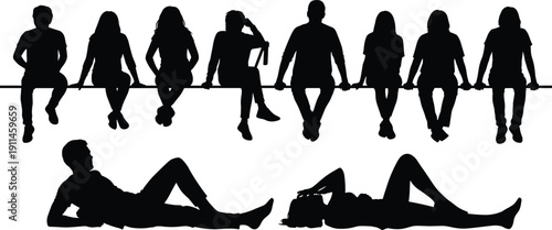 Set of Black Silhouette Vector Illustrations Featuring a Group of People Sitting on a Bench and Couple Lying Down for Lifestyle Community Designs