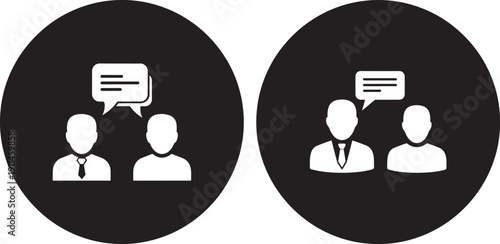Two communication icons with speech bubbles, representing discussion and dialogue between people in business or social contexts.
