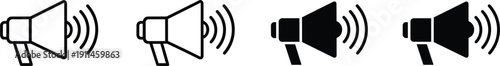 Megaphone speaker icons set in outline and solid styles representing announcement marketing and promotion concepts
