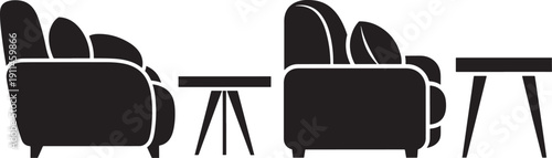 Two comfortable armchairs with side tables, minimalist black and white vector illustration representing relaxation and interior design.
