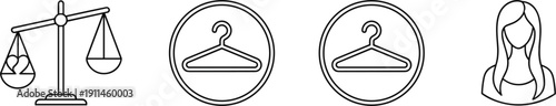 Minimal line icons set featuring justice scale hanger symbols and female avatar isolated on light background