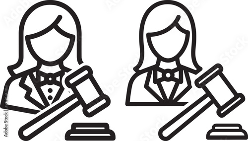 Two female judges with gavels, symbolizing law, justice, and legal decisions in a minimalist icon style.