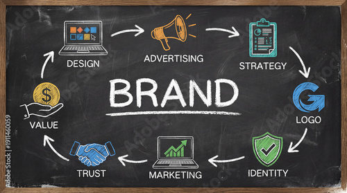 Brand strategy concept on chalkboard with marketing identity and advertising diagram
