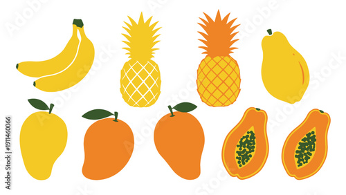Fresh fruit vector icons including bananas, pineapples and papayas