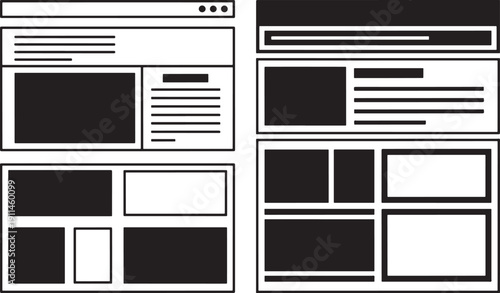 Wireframe layout templates for websites and apps, comparing different content arrangements in a minimalist vector style.