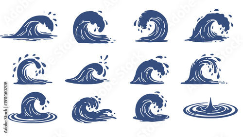 Ocean wave vector icons in blue color on white background