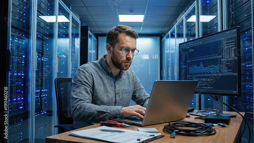 Data Analyst in Server Room: A focused data analyst meticulously works on a laptop amidst a cutting-edge server room, surrounded by towering server racks and digital displays.