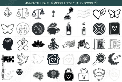 40 Mental Health & Mindfulness Icons - Hand Drawn Chalky Charcoal Wellness Bundle