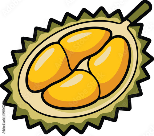 Cartoon illustration of a durian fruit cut in half showing the edible yellow flesh and seeds inside