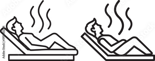 Person relaxing in a lounge chair with steam, symbolizing spa, wellness, and relaxation in a minimalist vector icon.