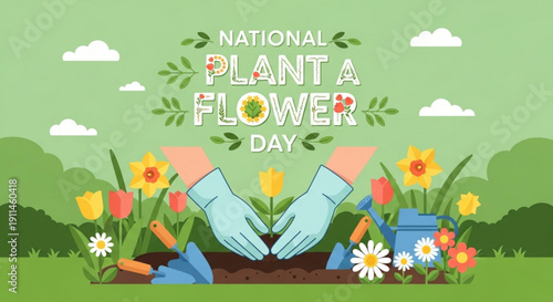 Gloved hands planting flower on national plant a flower day with colorful blooms and gardening tools