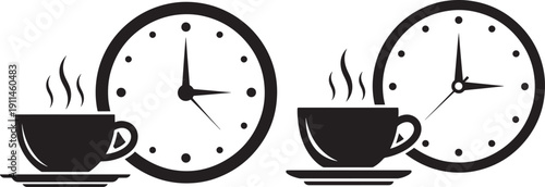 Steaming Coffee Cups with Clocks Vector Illustration Depicting Coffee Break or Hot Beverage Time Concept
