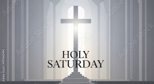 Holy saturday church interior with cross and stairs leading to bright light