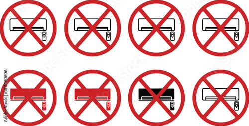 No air conditioner allowed prohibition icons set with crossed HVAC unit symbols isolated on background
