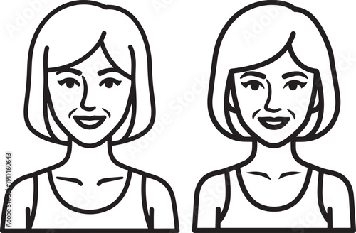 Two smiling women with bob haircuts, vector portrait illustration representing friendship, diversity, and positive emotions.