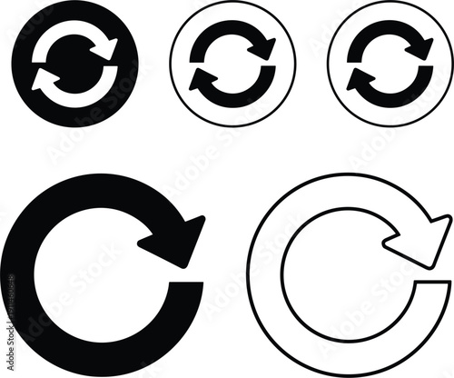 Refresh reload arrow icons set in solid and outline circular rotation symbols isolated on background