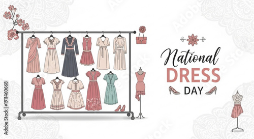 National dress day celebration with various colorful dresses on a clothing rack and mannequins