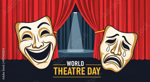 Theatre masks on stage for world theatre day celebration with red curtains