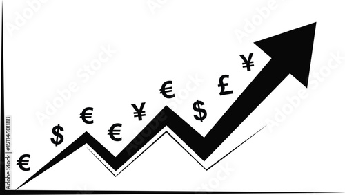 Black Rising Currency Graph Arrow Silhouette with Dollar Euro Pound Yen Symbols