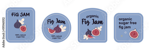 Set of labels for fig jam. Stylized whole fruit and slices. Simple flat vector illustration.