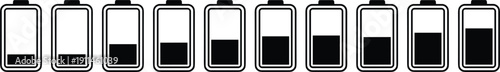 Battery level indicator icons set showing charging stages from empty to full isolated on white background