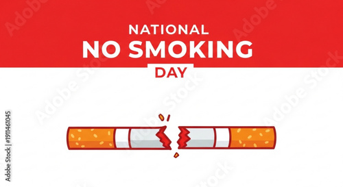 National no smoking day illustration with broken cigarette and red banner on white background