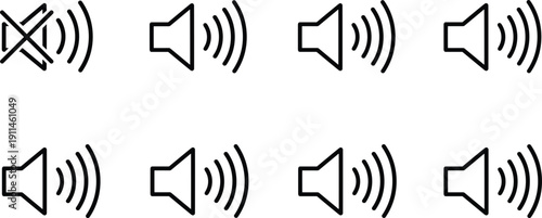 Speaker volume control line icons set including mute low medium and high sound levels