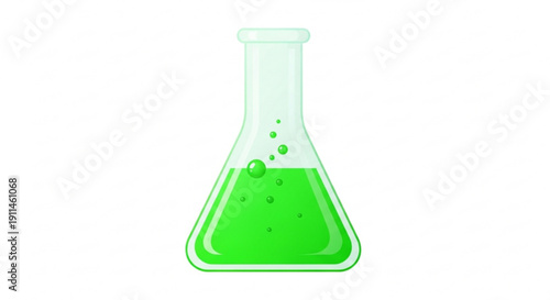 Green liquid in a laboratory flask with bubbles science experiment concept