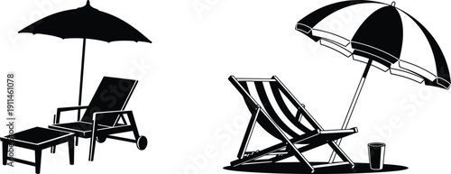Beach Chair Umbrella Silhouette, Lounge Deck Chair with Parasol Icon, Summer Relaxation Set Clipart, Striped Sun Lounger Vector Design