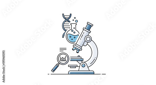 Laboratory microscope with dna beaker and magnifying glass for science and research analysis