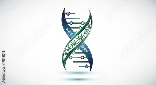 Stylized dna double helix structure with gradient blue and green colors on white background representing genetic code and molecular biology concepts