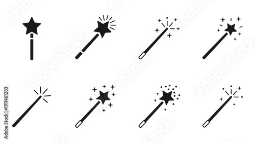 Magic wand vector icons in black silhouette on white background