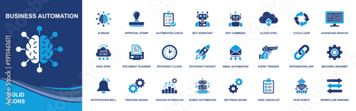Business automation icon set. Containing AI, robotic process automation, cloud service, workflow, system integration, digital transformation, gear, chatbot, efficiency, technology, process optimizatio