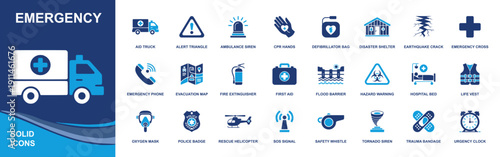Emergency icon set. Containing ambulance, first aid, hospital, warning, siren, emergency call, SOS, rescue, medical kit, safety, disaster response and more. Solid fill icons collection