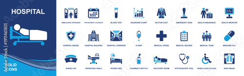 Hospital icon set. Containing patient bed, ambulance, doctor, nurse, first aid, medical cross, pharmacy, records, surgery, diagnostics, care and more. Solid fill icons collection