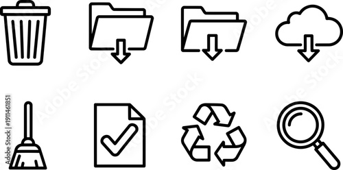 Digital Cleanup Day icons: trash, folders, cloud, broom, check, recycle, search