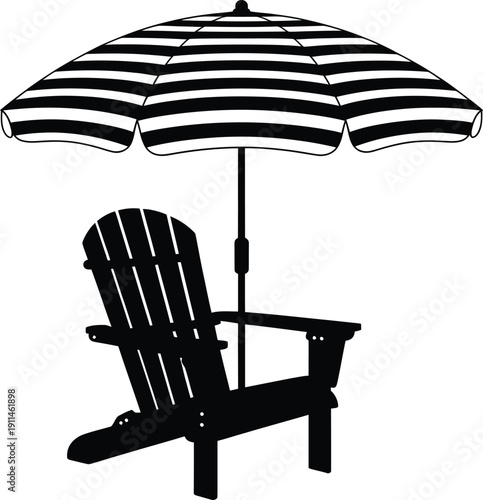 Black silhouette of adirondack chair with striped umbrella for summer vacation