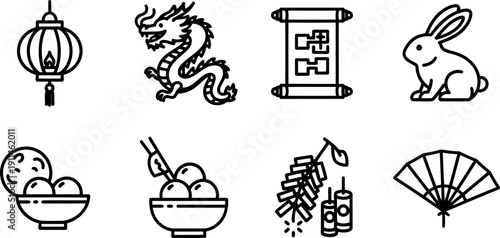Chinese Lantern Festival icon set: dragon, rabbit, and food