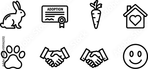 Adopt a Rescued Rabbit Month vector icons for pet adoption and care