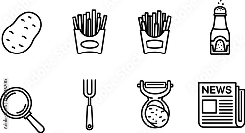 National Chip Week icons: potato, fries, shaker, fork, peeler, news