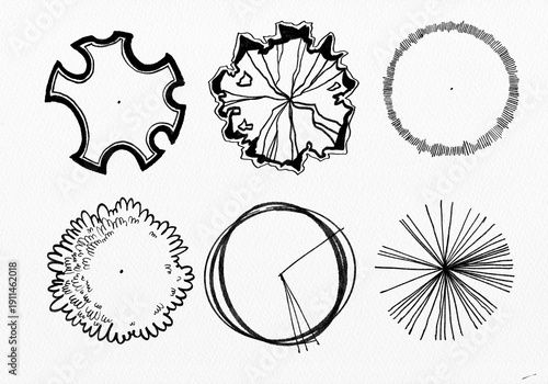 Landscape elements symbols design for backyard, country house or garden with black line. Hand drawn painting on the paper.	
