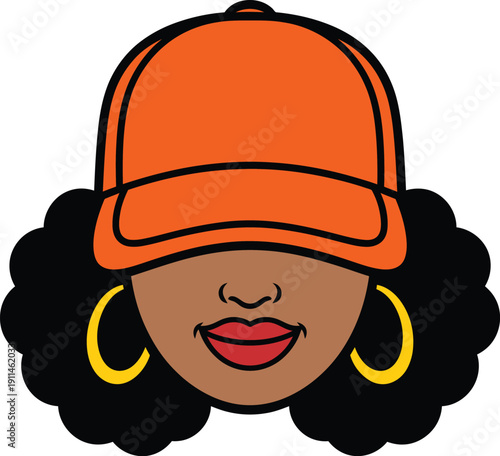 Cartoon illustration of a smiling woman wearing an orange baseball cap and gold hoop earrings