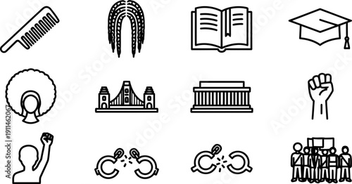 Black History Month icons: heritage, freedom, and education vector