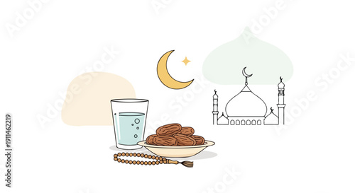 Illustration of a mosque, dates on a plate, a glass of water, and a rosary with a crescent moon and star on a white background, symbolizing Eid AlFitr or Ramadan celebration.