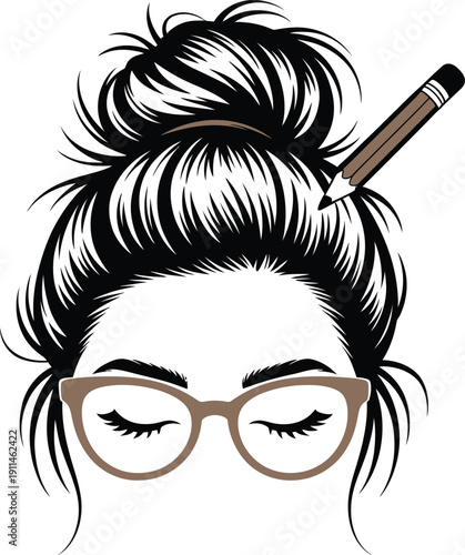 Woman with glasses and pencil in hair bun vector illustration
